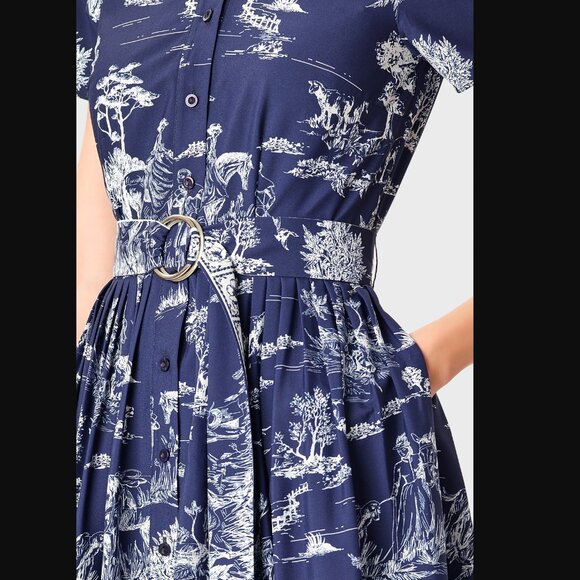 Eshakti Toile Print Crepe Belted Shirt Dress Size 2X Blue Pastoral Horse Novelty - Picture 15 of 16